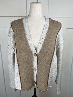 Hem & Thread Cardigan Medium Oversized Tweed Colorblock Oatmeal Taupe Sweater